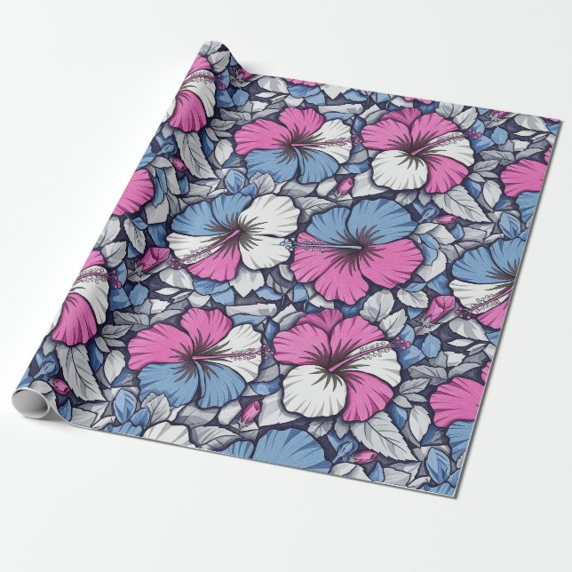 Elegant Blue Hibiscus Floral Pattern (12) Wrapping Paper (Unrolled)