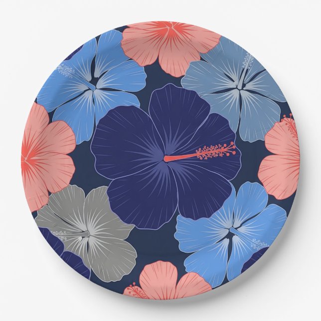Elegant Blue Hibiscus Floral Pattern (13) Paper Plate (Front)