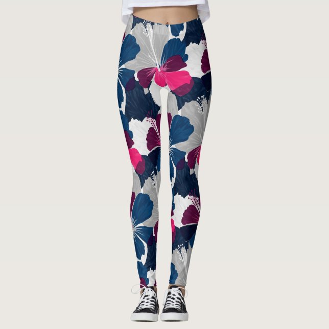 Elegant Blue Hibiscus Floral Pattern (14) Leggings (Front)