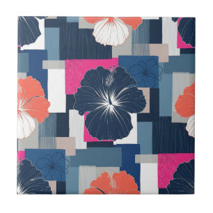 Elegant Blue Hibiscus Floral Pattern (14) Tile