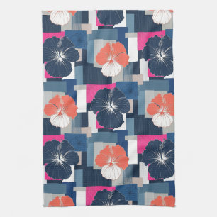 Elegant Blue Hibiscus Floral Pattern (1) Tea Towel