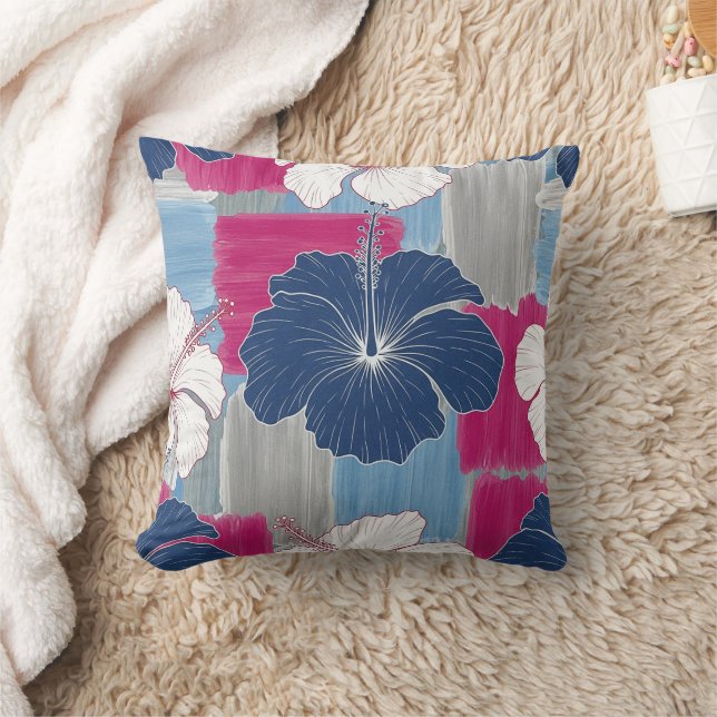 Elegant Blue Hibiscus Floral Pattern (2) Cushion (Blanket)