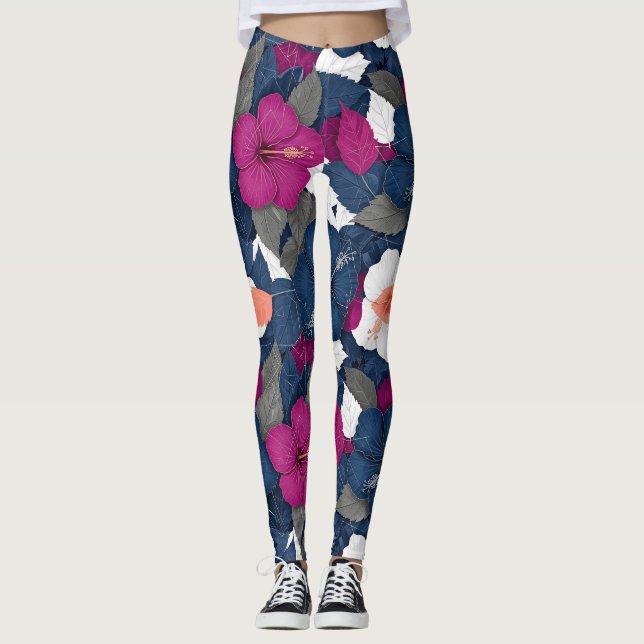 Elegant Blue Hibiscus Floral Pattern (2) Leggings (Front)