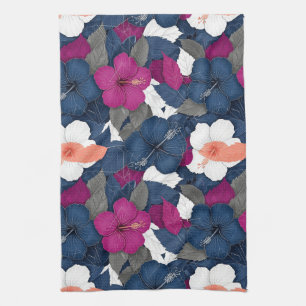 Elegant Blue Hibiscus Floral Pattern (2) Tea Towel