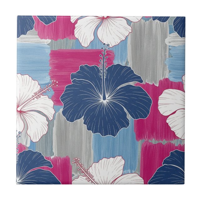 Elegant Blue Hibiscus Floral Pattern (2) Tile (Front)
