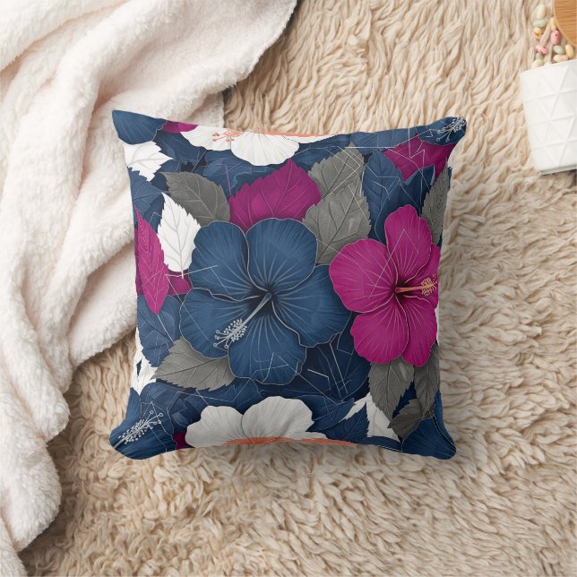 Elegant Blue Hibiscus Floral Pattern (3) Cushion (Blanket)