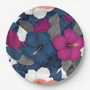 Elegant Blue Hibiscus Floral Pattern (3) Paper Plate