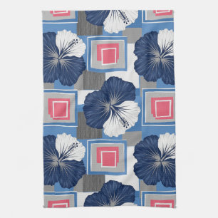 Elegant Blue Hibiscus Floral Pattern (3) Tea Towel