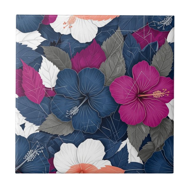 Elegant Blue Hibiscus Floral Pattern (3) Tile (Front)