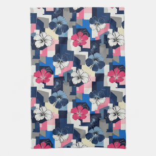 Elegant Blue Hibiscus Floral Pattern (4) Tea Towel