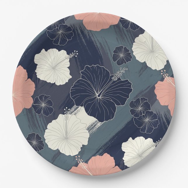 Elegant Blue Hibiscus Floral Pattern (5) Paper Plate (Front)