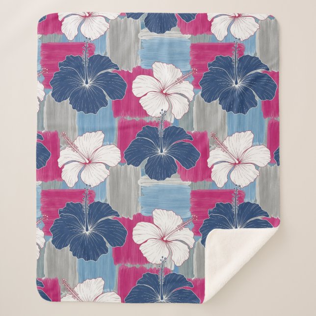 Elegant Blue Hibiscus Floral Pattern (5) Sherpa Blanket (Front)