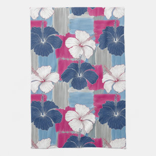 Elegant Blue Hibiscus Floral Pattern (5) Tea Towel