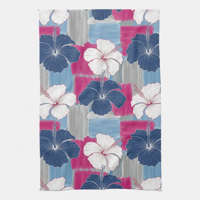 Elegant Blue Hibiscus Floral Pattern (5) Tea Towel (Vertical)