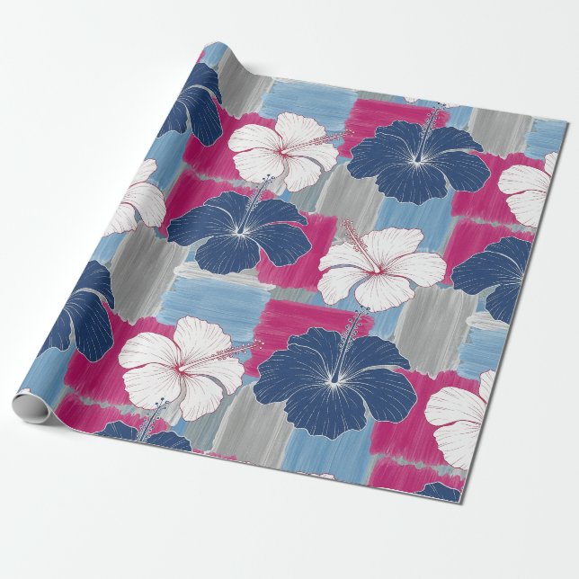 Elegant Blue Hibiscus Floral Pattern (5) Wrapping Paper (Unrolled)