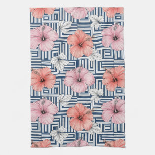 Elegant Blue Hibiscus Floral Pattern (6) Tea Towel