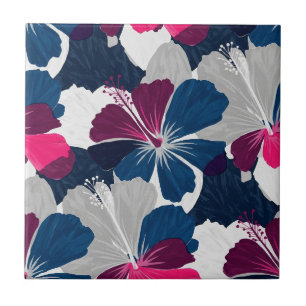Elegant Blue Hibiscus Floral Pattern (6) Tile