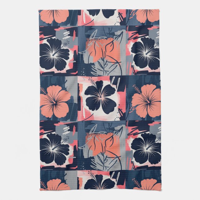Elegant Blue Hibiscus Floral Pattern (7) Tea Towel (Vertical)