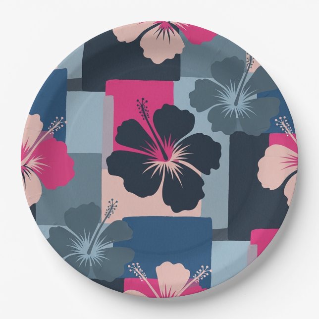 Elegant Blue Hibiscus Floral Pattern (8) Paper Plate (Front)