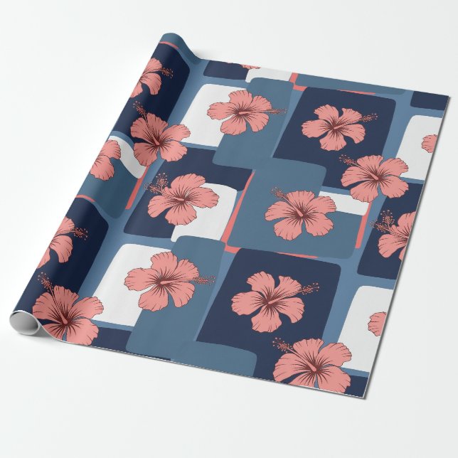 Elegant Blue Hibiscus Floral Pattern (8) Wrapping Paper (Unrolled)