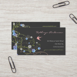 Elegant Blue Hibiscus Floral Swirls Swallows Chic Business Card