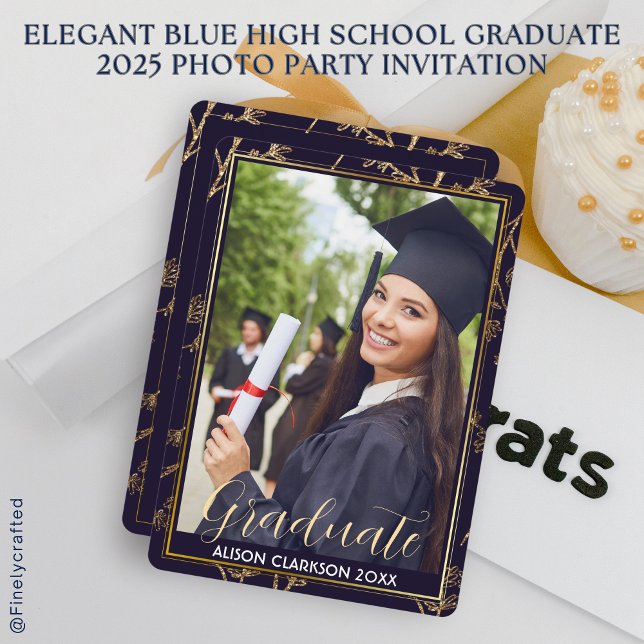 Elegant Blue High School Graduate 2025 Photo Party Invitation (Creator Uploaded)