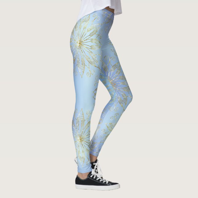 Elegant Blue Holiday Christnas Snowflakes stars Leggings (Right)