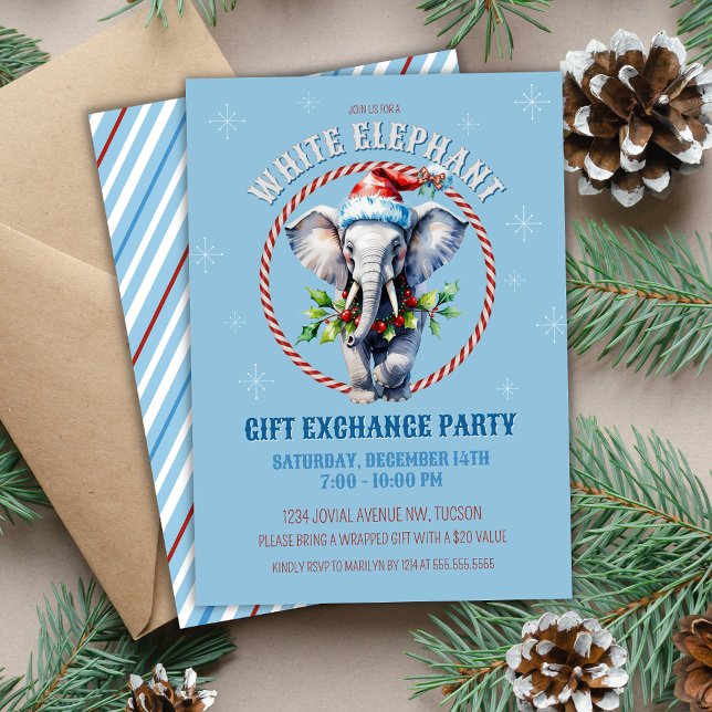Elegant Blue Holiday White Elephant Gift Exchange Invitation (Light Baby Blue White Elephant Christmas party gift exchange party invitations with holly and candy)