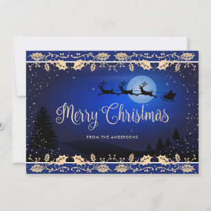 Elegant Blue Holly Reindeer Santa Claus Christmas Holiday Card