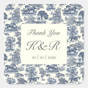 Elegant Blue Horse Toile Name Thank You Square Sticker