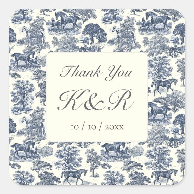 Elegant Blue Horse Toile Name Thank You Square Sticker (Front)