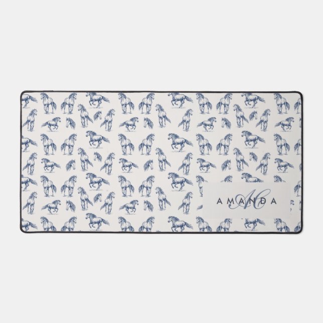 Elegant Blue Horses Monogrammed Initial Gifts Desk Mat (Front)