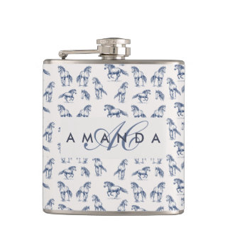 Elegant Blue Horses Monogrammed Initial Gifts Hip Flask