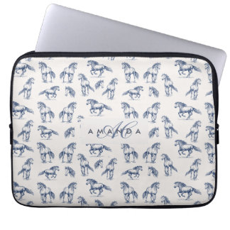 Elegant Blue Horses Monogrammed Initial Gifts Laptop Sleeve