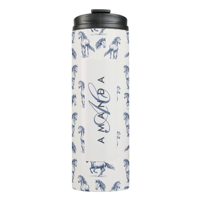 Elegant Blue Horses Monogrammed Initial Gifts Thermal Tumbler (Front)