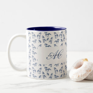 Elegant Blue Horses Monogrammed Initial Gifts Two-Tone Coffee Mug