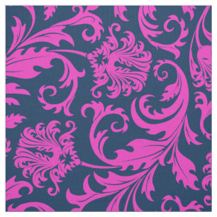 Elegant Blue & Hot Pink Floral Damasks Fabric