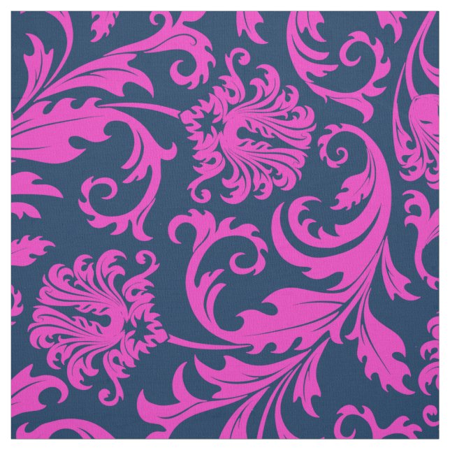 Elegant Blue & Hot Pink Floral Damasks Fabric (Swatch)