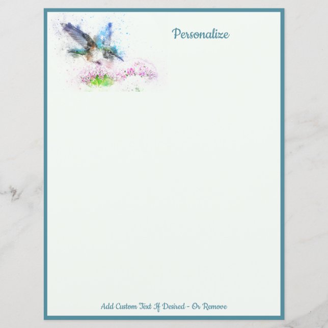 Elegant Blue Hummingbird Personalise Writing Paper (Front)