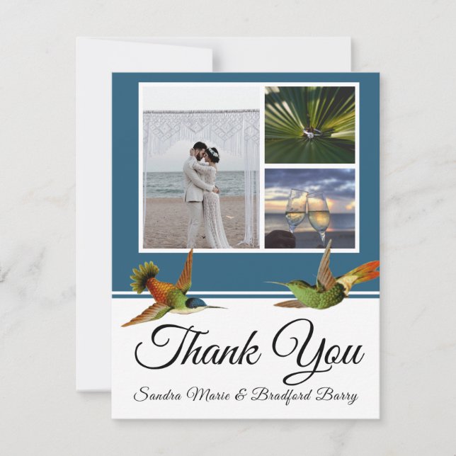 Elegant Blue Hummingbird Wedding Photo collage Thank You Card (Front)