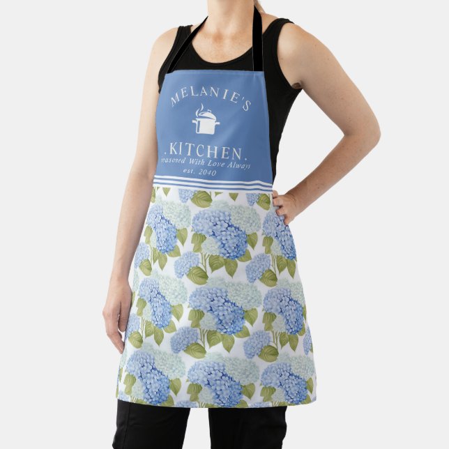Elegant Blue Hydragea Flowers Pattern Monogram Apron (Insitu)