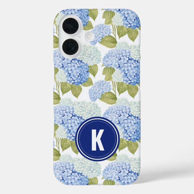 Elegant Blue Hydragea Flowers Pattern Monogram Case-Mate iPhone Case (Back)