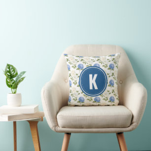 Elegant Blue Hydragea Flowers Pattern Monogram Cushion