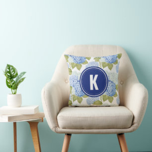 Elegant Blue Hydragea Flowers Pattern Monogram Cushion
