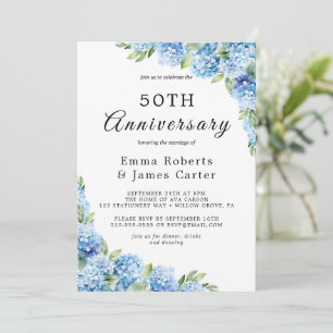 Elegant Blue Hydrangea 50th Wedding Anniversary Invitation