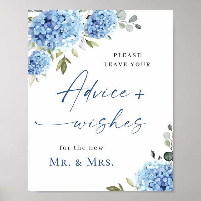 Elegant Blue Hydrangea Advice & Wishes Wedding Poster (Front)