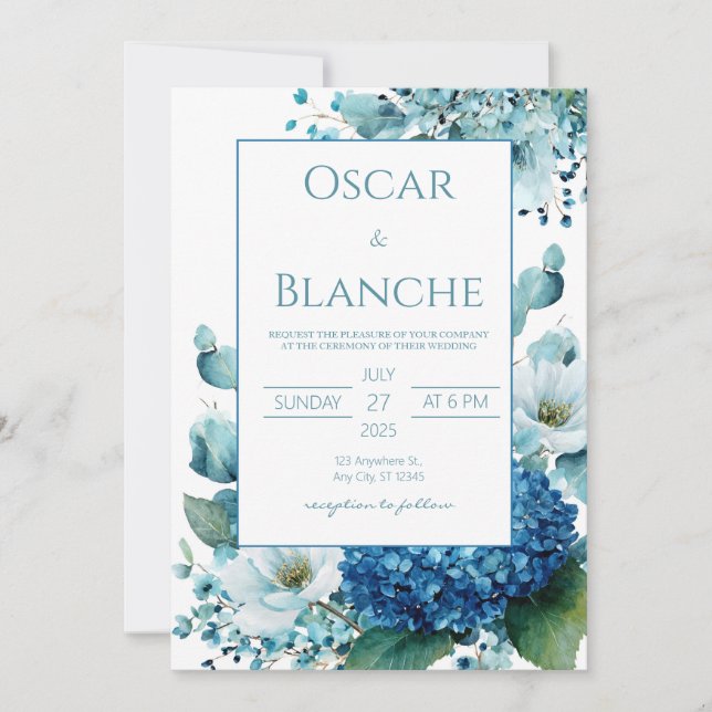 Elegant Blue Hydrangea Anemone Watercolor Wedding Invitation (Front)