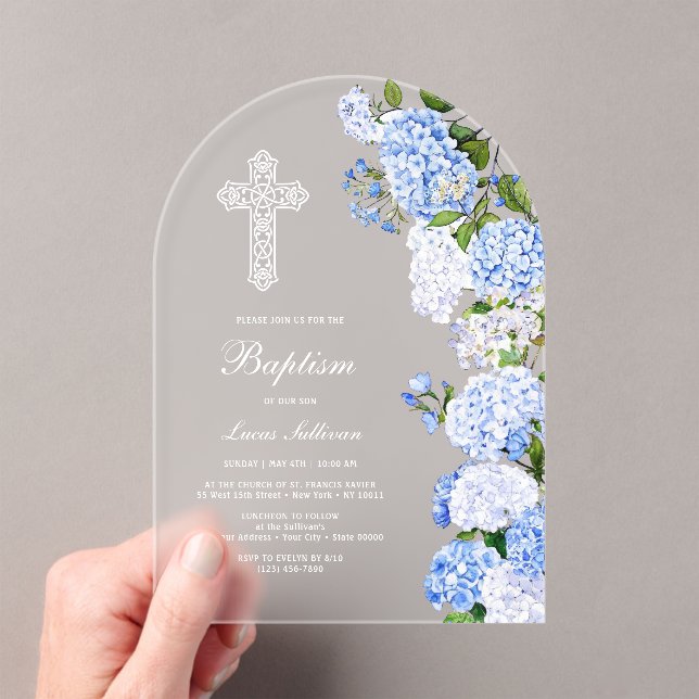 Elegant Blue Hydrangea Arch Baptism Acrylic Invitations (Insitu (Handheld))