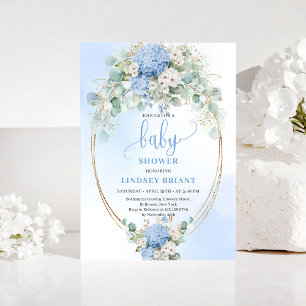 Elegant Blue Hydrangea Baby Shower Gold Invitation