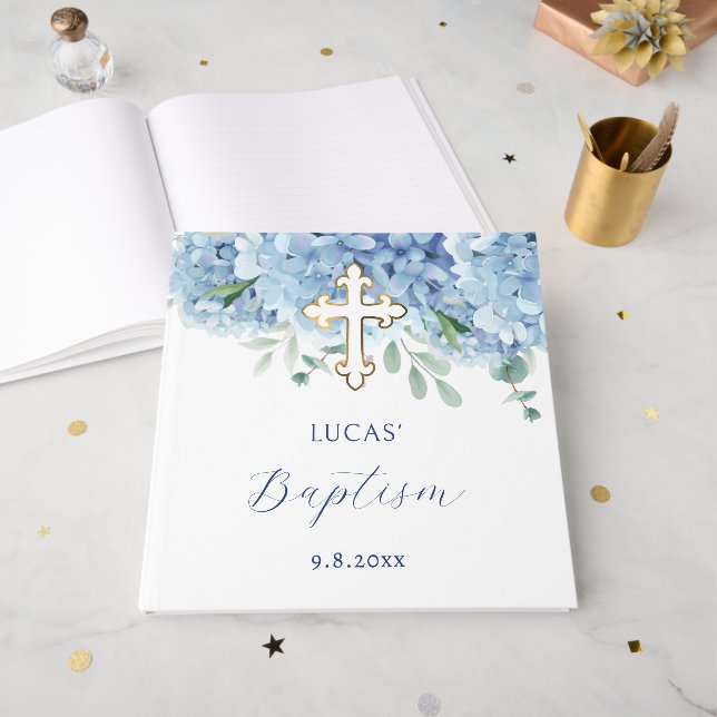 Elegant Blue Hydrangea Baptism Guest Book (Front Open)